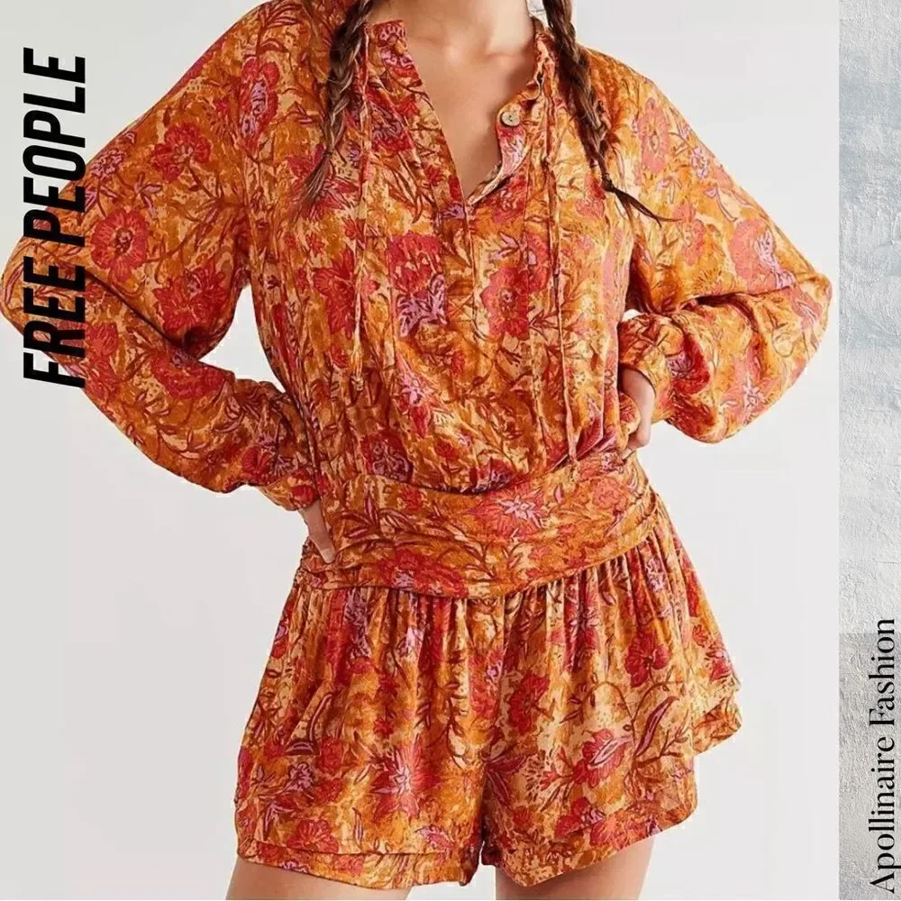 FREE PEOPLE DANCE TILL DAWN ROMPER IN ORANGE FLORAL PRINT XS TP NWOT
